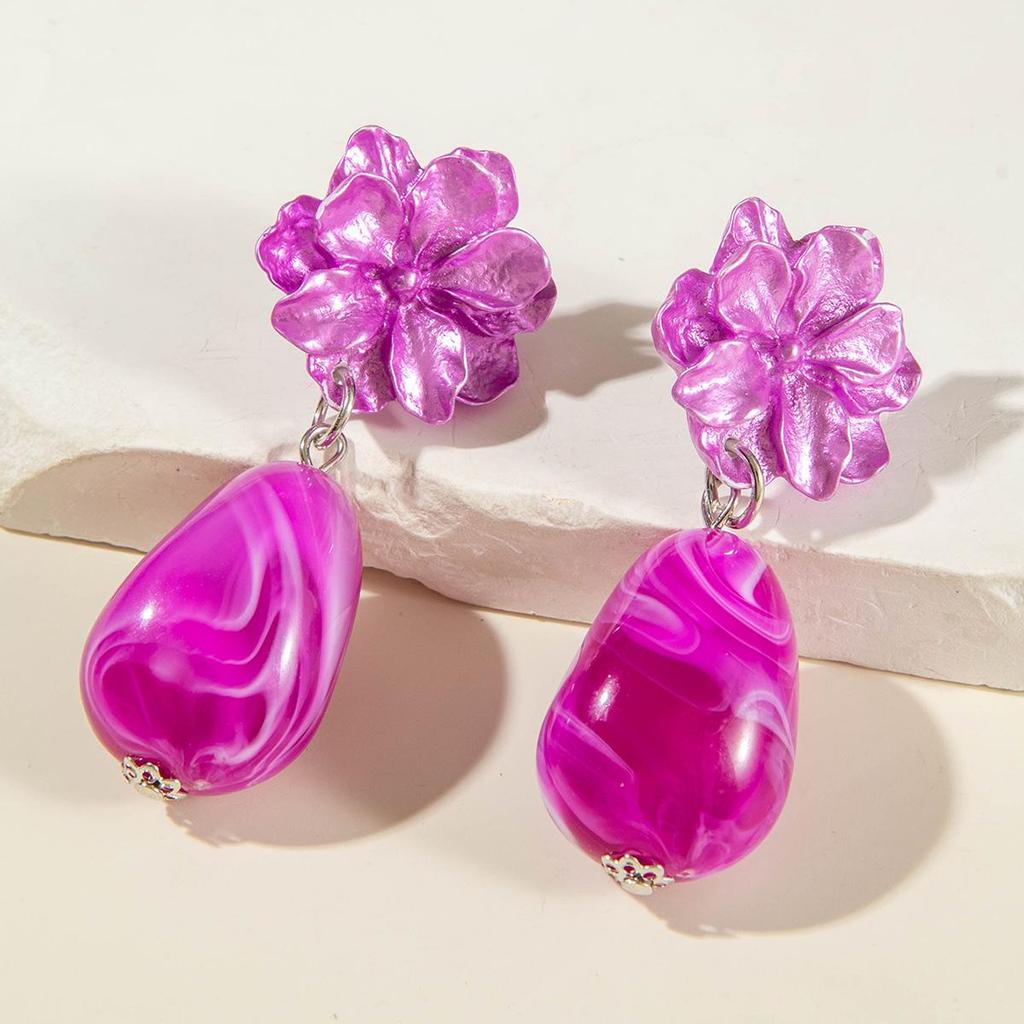 Unique Purple Camellia Stone Pendant Earrings for Women's Jewelry Vacation Matching Earrings