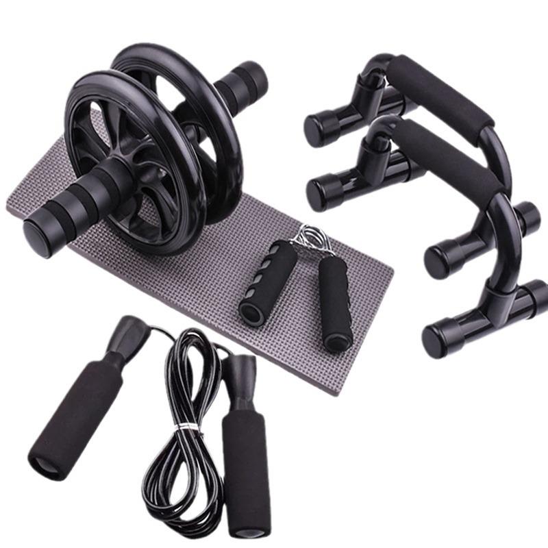 Set de Fitness de 5 Piezas: Rueda abdominal, Barras de flexión en forma de I, Cuerda para saltar, Herramientas de fuerza de agarre con mango de esponja