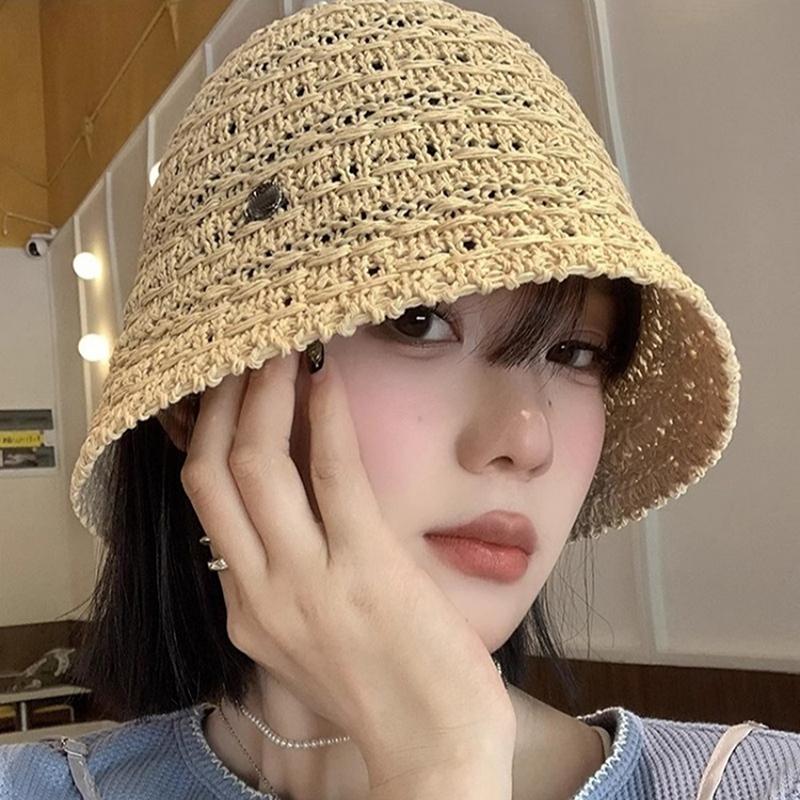 Cappello di Paglia Coreano da Spiaggia Estate Donna Visiera Traspirante Chic Cappelli a Secchiello Cappello da Pescatore Tessuto a Mano Ragazza Pesca Cappellini da Sole per Donne