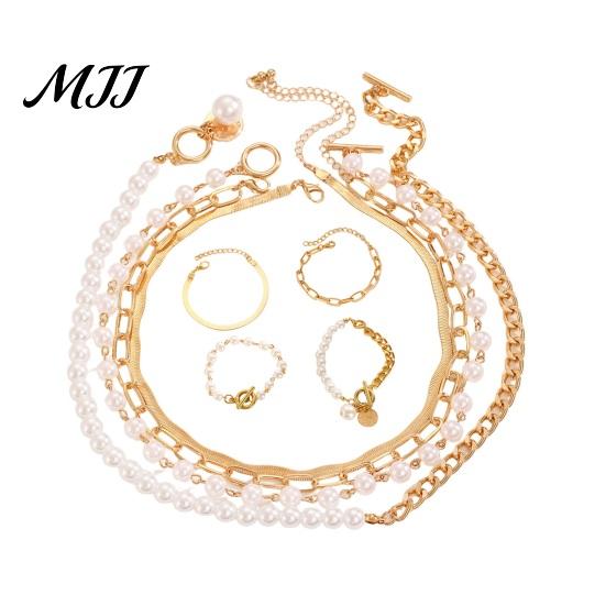 Stacking Bracelet Necklace Set 1 OT Buckle Cuban Chains Scratch-resistant Imitation Pearls Adjustable Length Jewelry Gift Chain