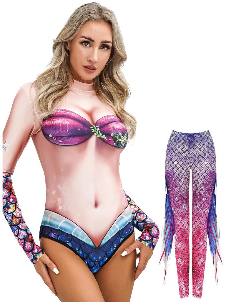 Shimmering Mermaid Stage & Party Jumpsuit S-XL: High Waist Tights Design with Stand Collar, Eye-Catching for Halloween