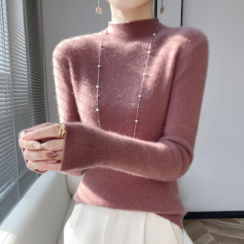 Jersey de Punto de Manga Larga Ajustado para Mujer con Cuello Alto - Color Sólido, Alta Elasticidad, Capa Base Otoño/Invierno.