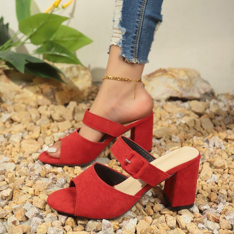

Large size women s shoes European and American fish mouth open-toed high heels suede simple one-word buckle women s cool slippers women 36 красный