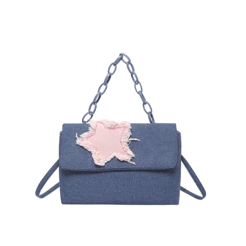

Korean version denim women s bag star bag 2024 autumn new casual commuting texture foreign style chain simple shoulder bag темно-синього кольору