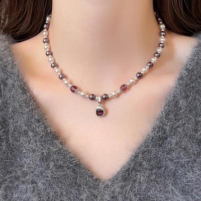 Manta Rose Shijia Perlenkette mit Amethyst und Bubble Sugar Cubes Pulloverkette - Damen Herbst/Winter Anhänger Schmuck