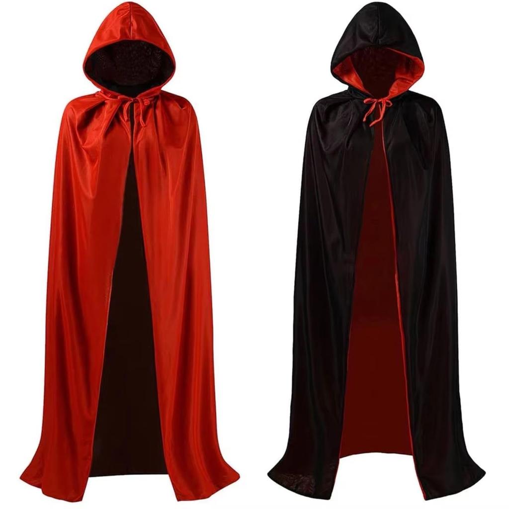 MORYTRADE Dracula Gothic Cape with Hood, Black and Red, 140cm, for Halloween and Party Costumes