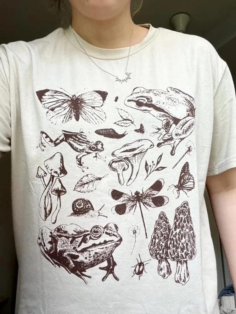 Süßes Cottagecore Ästhetik Frosch Pilz Druck Shirt Mode Damen Street Große Größen T-Shirts Lässig Kurzarm Grafik Tops