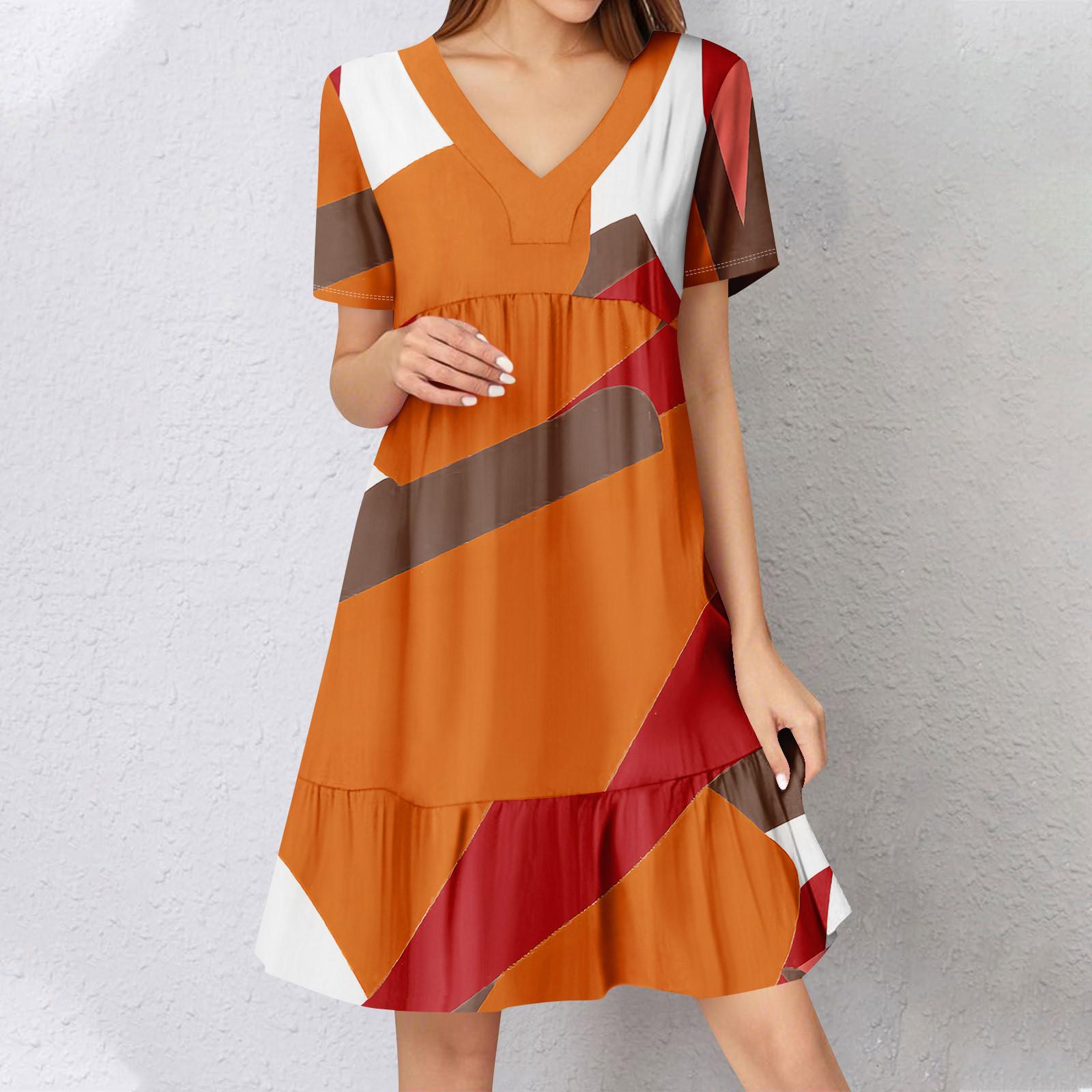 

Женское летнее платье с коротким рукавом и V-образным вырезом, короткие платья, модное повседневное струящееся бохо-платье с оборками, А-силуэт, свободное платье-халат XL шафрановый