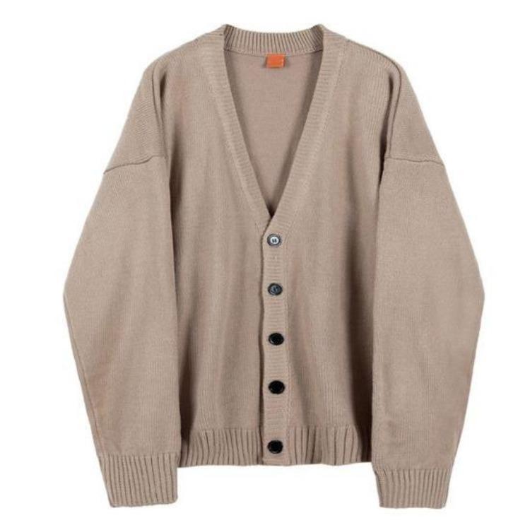 Men Knitwear Coat Autumn Winter Thickened Ribbed Trim V Neck Long Sleeves Solid Color Buttons Placket Knitted M хаки