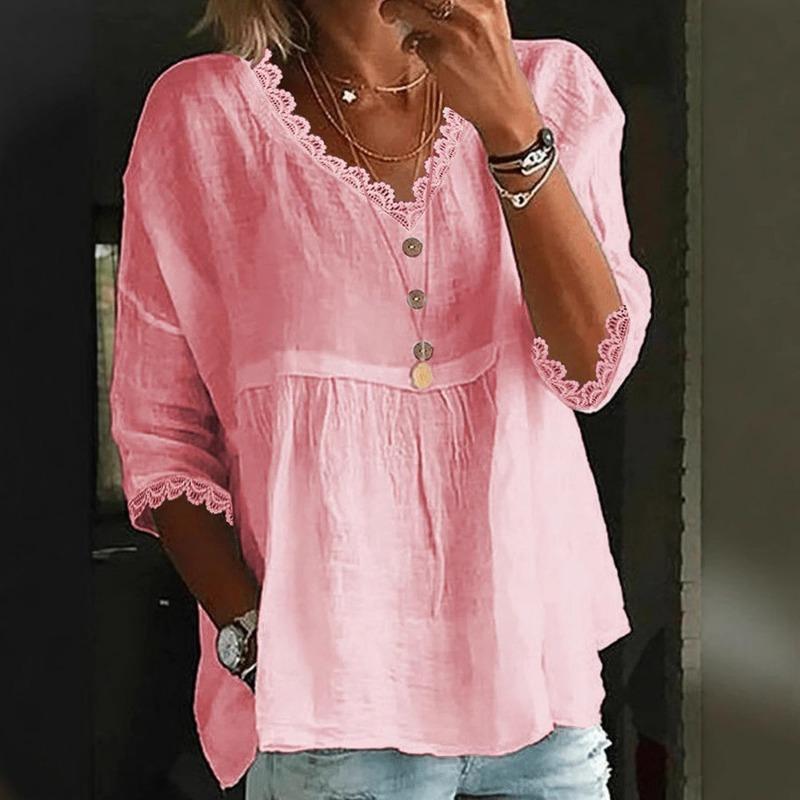 Blusa pullover casual da donna con scollo a V, manica a 3/4 e finiture in pizzo