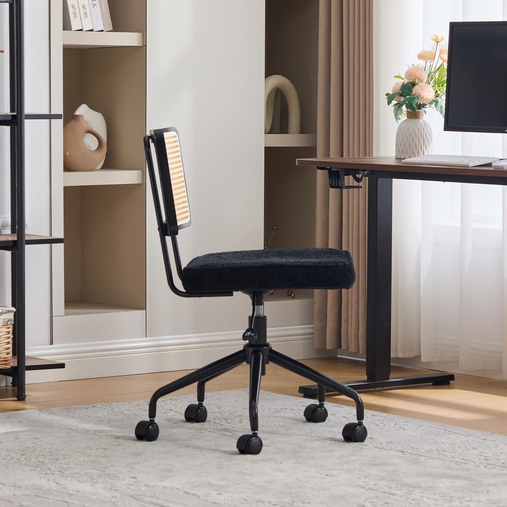 Vintage Rattan Office Chair with Wheels - Adjustable Swivel Desk Chair with Chenille Fabric Seat & Wooden Frame for Home Office, Living Room-Black