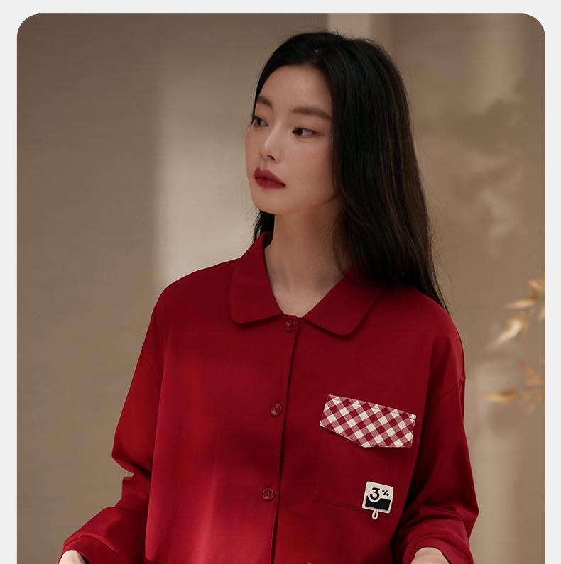 Xuan Liang Red Pajama Women's Summer Pure Cotton Thin Long Sleeve Fake Two Piece Checkered Spring and Autumn Wedding Home Dress Set