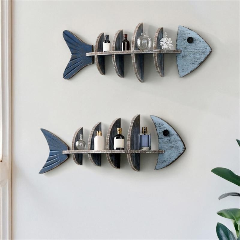 Farmhouses Blue Wood Fish Wall Art Hanging Shelf With Antique Finish For Lake House Study Bathroom Storage Organizers