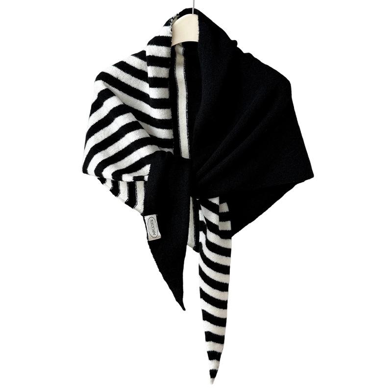 Colorblock Striped Simple Knitted Large Triangle Shawl for Women Versatile Spring and Autumn Neck Protector  Warm Neck Scarf Outer Wear