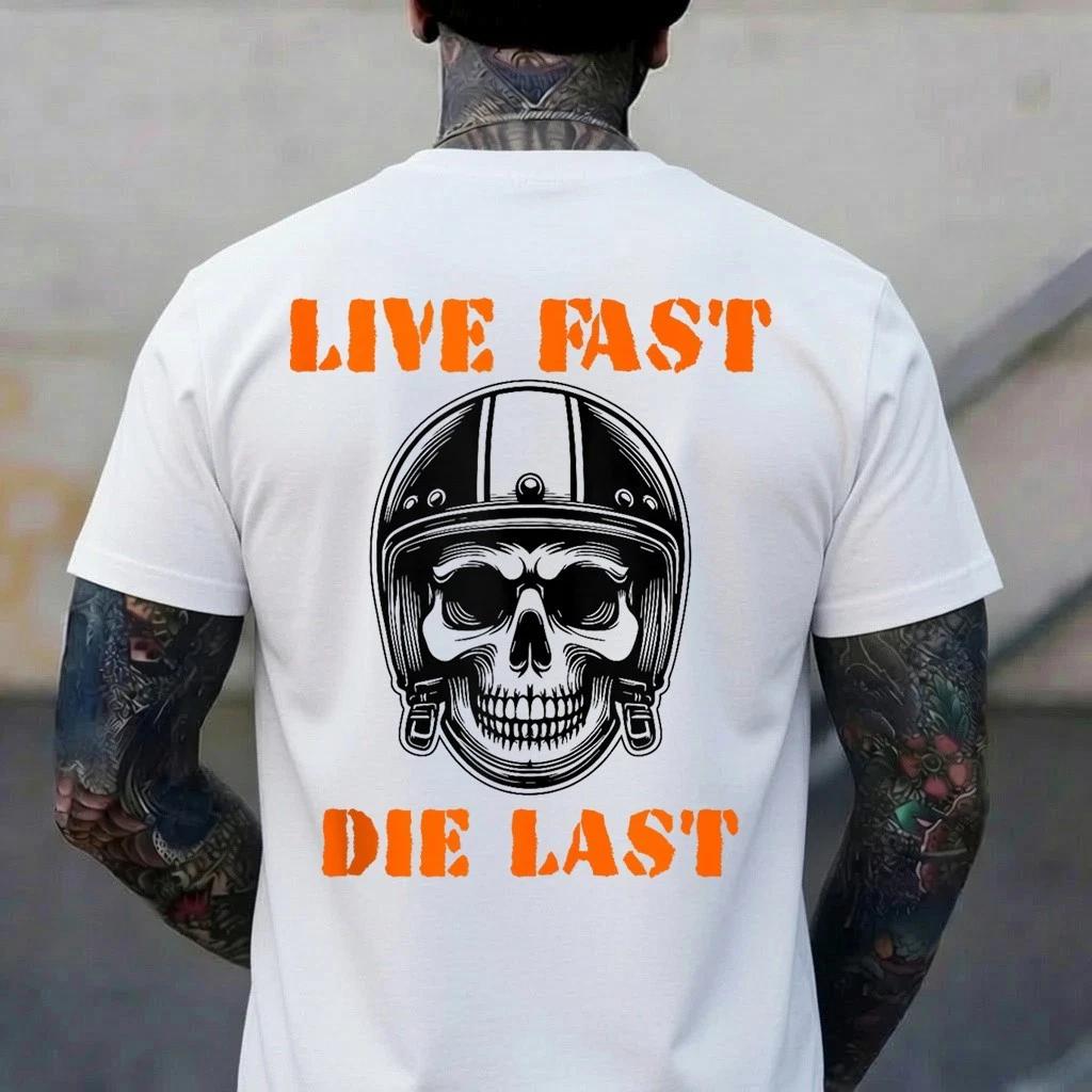 Live Fast Die Last Skull Helmet White T-Shirt Biker Motorcycle Graphic Tee S