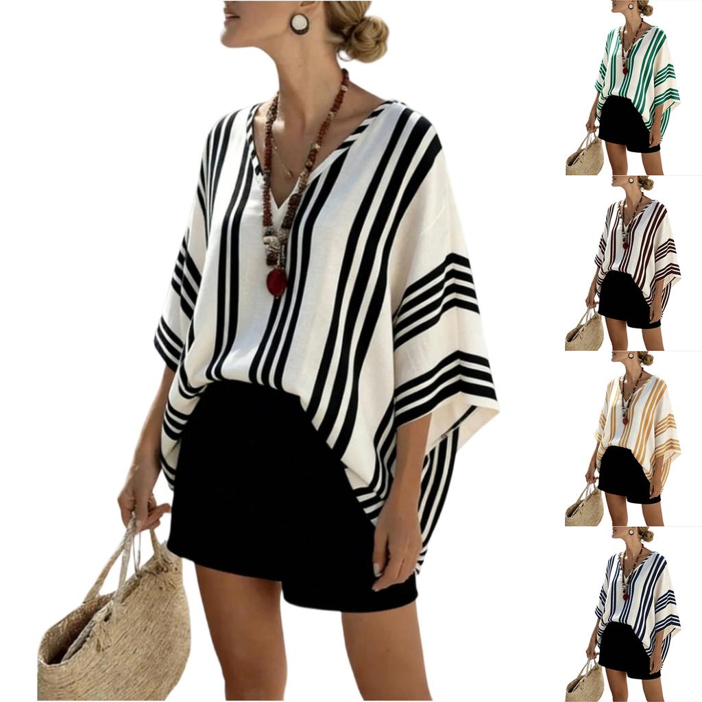 Lockere Damen-Streifen-Fledermausärmel-Bluse V-Ausschnitt Lässiges Leichtes Sommer-Top mit Entspannter Silhouette für den Täglichen Gebrauch