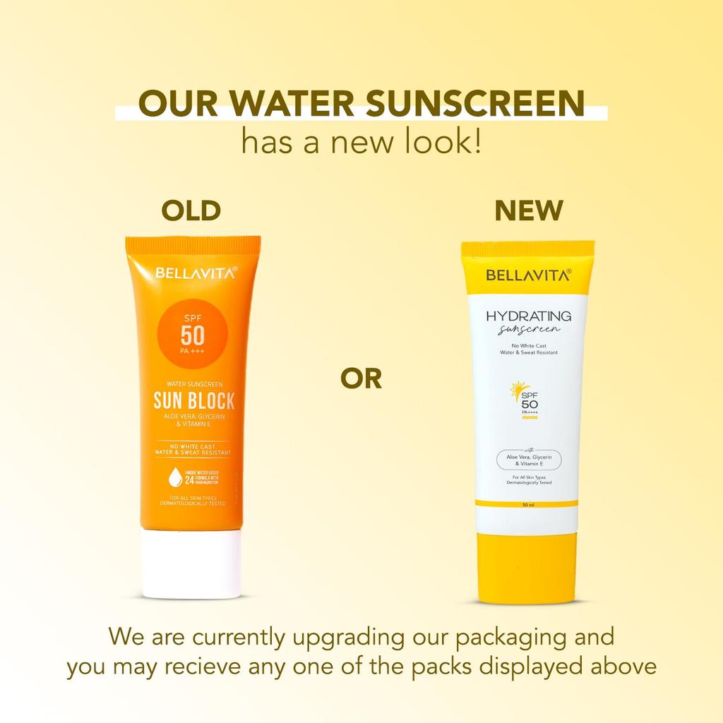 BELLAVITA Water Based Hydrating Sunscreen, SPF 50, Lightweight PA+++, For All Skin Types, No White Cast, Non - Greasy Finish, UV Protection, Broa