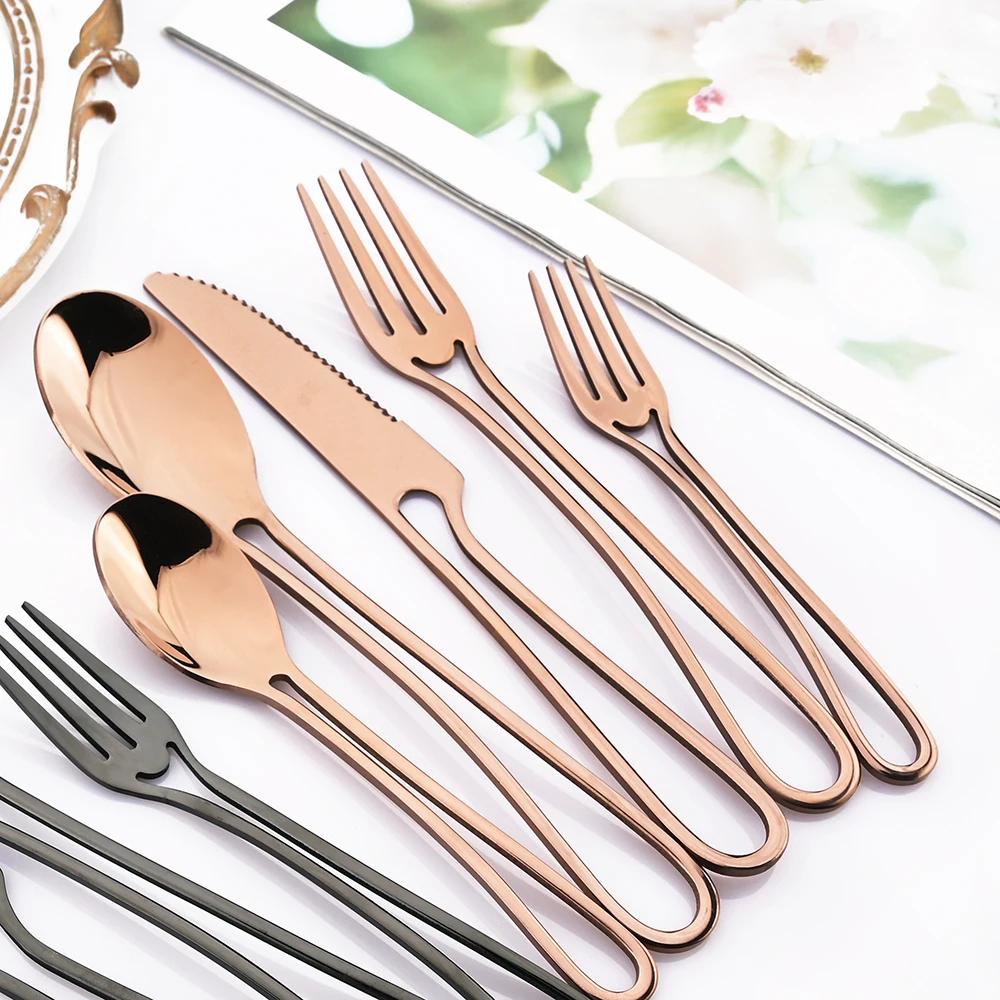 5Pcs Knife Fork Spoon Flatware Set Rainbow Hollowed Out Handle Dinnerware Set Stainless Steel Western Food Suit Silverware Set