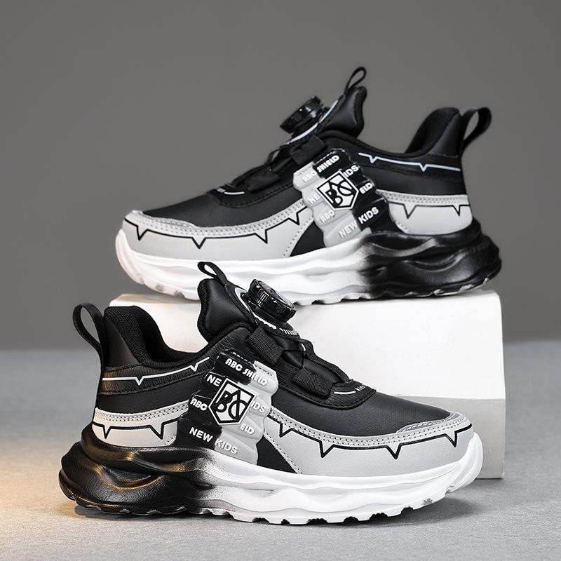 Factory direct sales 2025 winter children's sports shoes rotating buckle leather surface wear-resistant middle and older children's running shoes kids