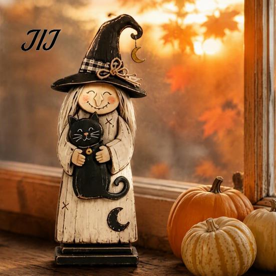Vintage Style Witch Party Supplies Wooden Figurine, Halloween Statues with Hand Painted Figurine Sets Broom Pumpkin Black Cat, Fall Farmhouse Tabletop