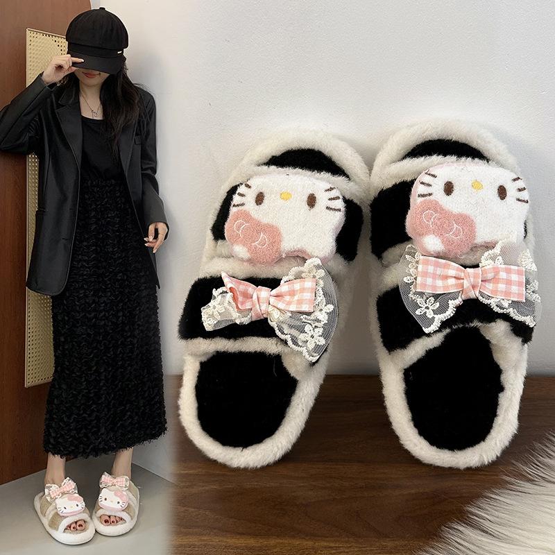 Vitality cute cartoon kitten fluffy slippers female 2025 autumn and winter fashion versatile casual one-word cotton slippers