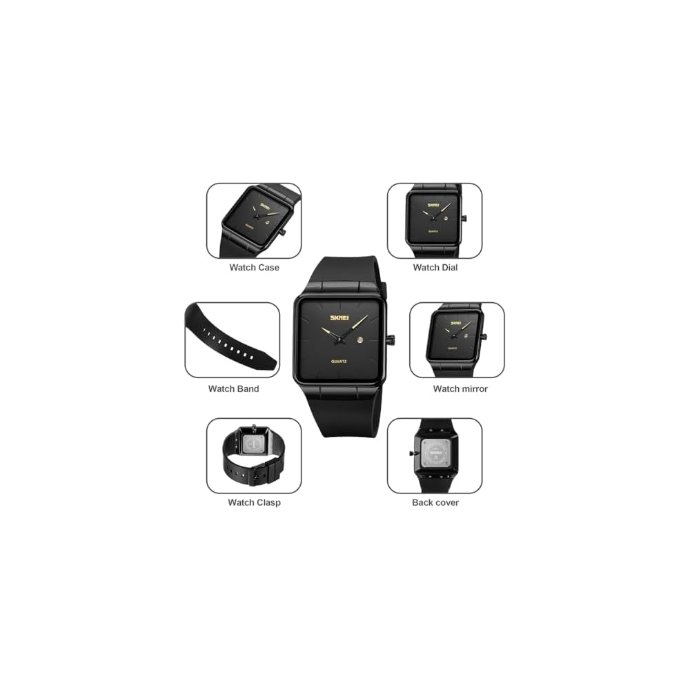 Square Men's Watch Leather Strap Black Simple Slim Stylish Waterproof Casual Business Gift Black Green