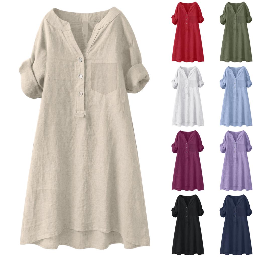 Linen Dress For Women Short Sleeve V Neck Button Down Sundress Spring Summer Loose Fit Vacation Cotton Tunic