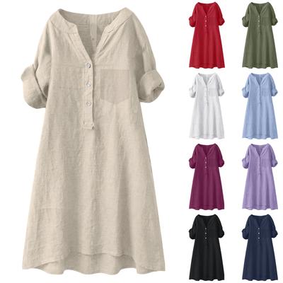 Linen Dress For Women Short Sleeve V Neck Button Down Sundress  Spring Summer Loose Fit Vacation Cotton Tunic