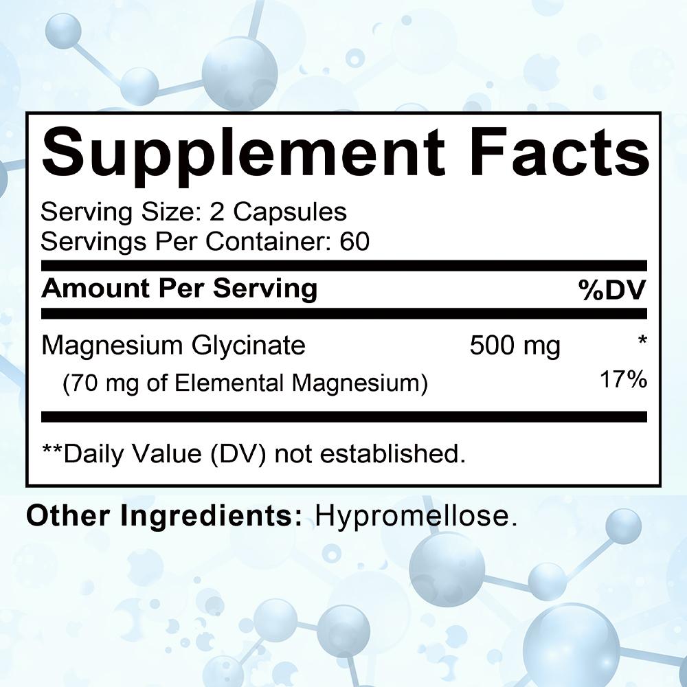 Glicinato di Magnesio 500 mg Integratore Alimentare, 120 Capsule per Flacone