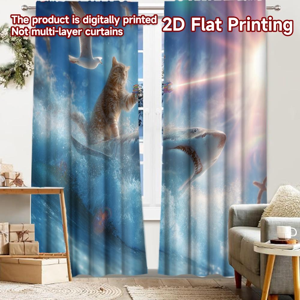 2pcs, 2D FLAT PRINTING Curtains (Without Rod) SharkRiderCat Christmas Holiday Curtains with Digital Printing Machine Washable