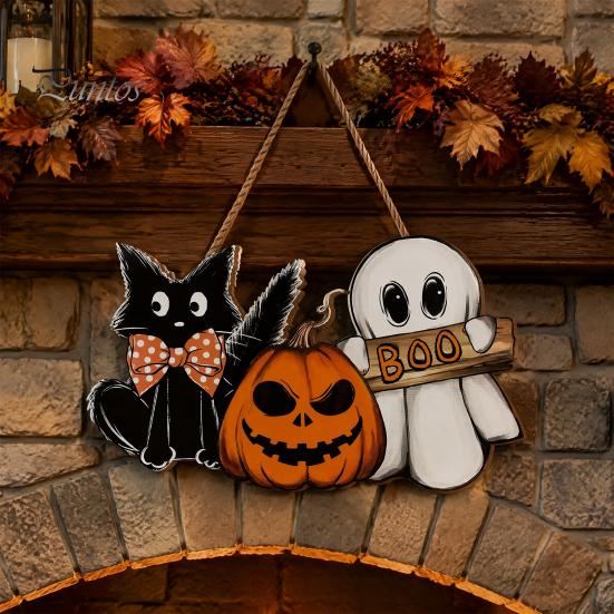 Halloween Window Display Wooden Door Sign, Pumpkin Ghost Boo Black Cat Welcome Hanging Wood Decor Sign for Trick or Treat Party Indoor Outdoor