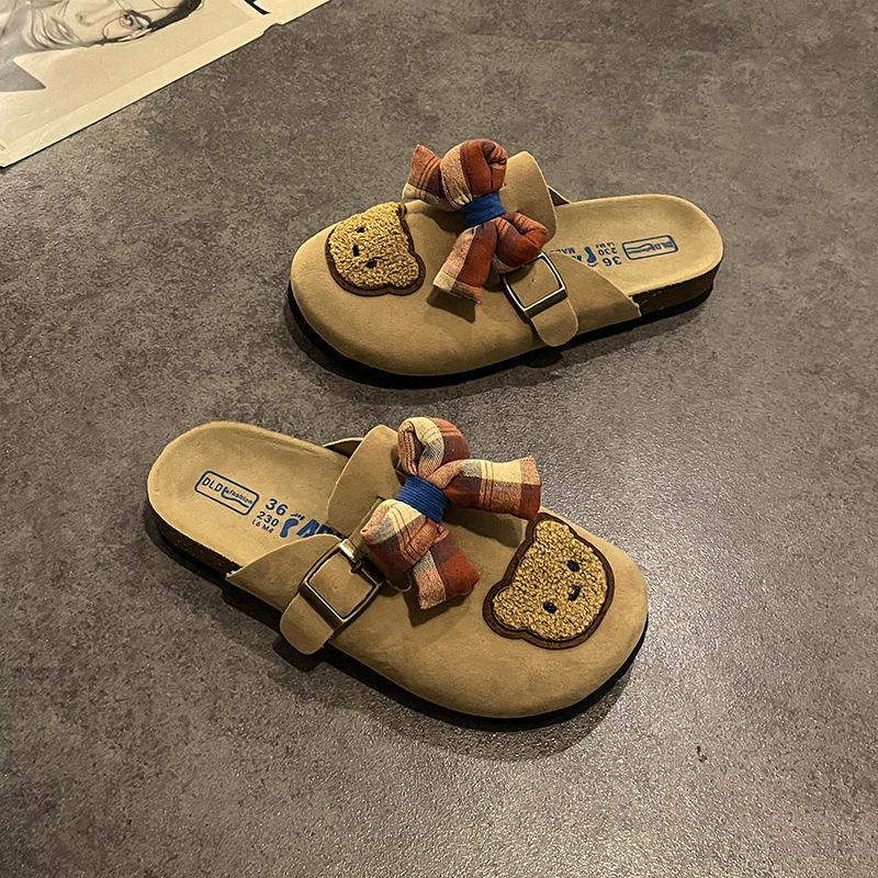 

Cute bear bow slippers summer new retro niche design flat plaid college style shoes 40