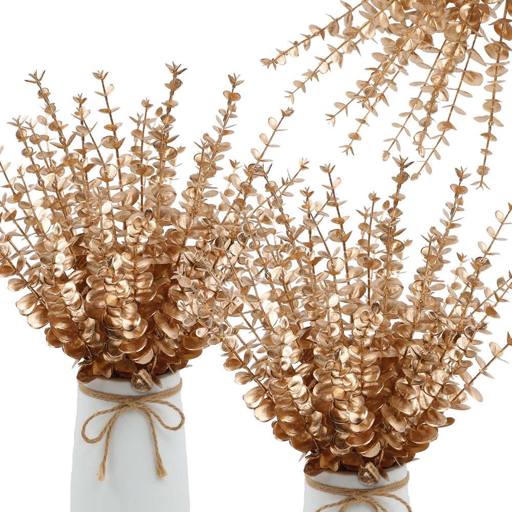20/40pcsLot Artificial Gold Stem Eucalyptus Branch Artificial Plants for Wedding Flower Greenery Arrangement Home Decoration