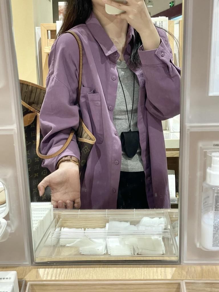 Giacca Camicia da Donna Viola in Cotone a Manica Lunga, Stile Coreano, Vestibilità Larga, per Primavera e Autunno