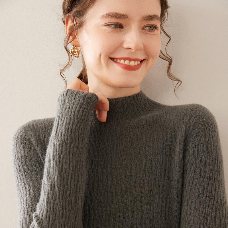 Women's Soft Cashmere Lychee-Pattern Knit Sweater - Half-High Collar, Slim-Fit, Perfect for Autumn and Winter Layers