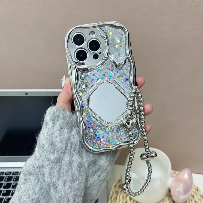 Glitter Sequin Phone Case for Apple 17 Promax Rhinestone Square Mirror for IPhone 16 Hand Chain Heart