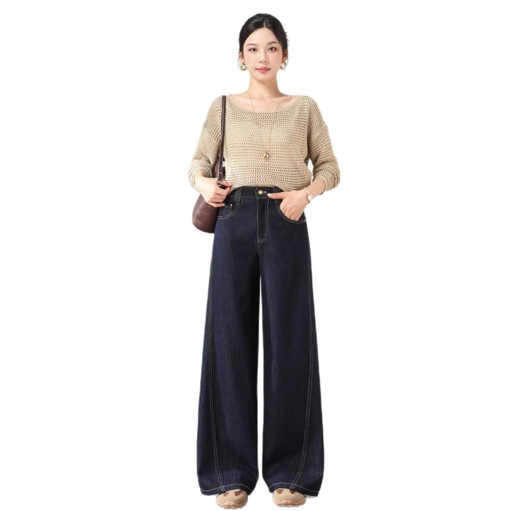 Women's Retro Dark Blue Straight-Leg Jeans - Slimming, Floor-Length, Versatile Winter Casual Pants