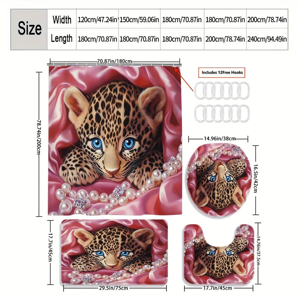 4Pcs An Exotic Leopard Shower Curtain Set with Non-Slip Bath Mat, Toilet Lid Cover, Contour Rug & 12 Hooks, Bathroom Decor