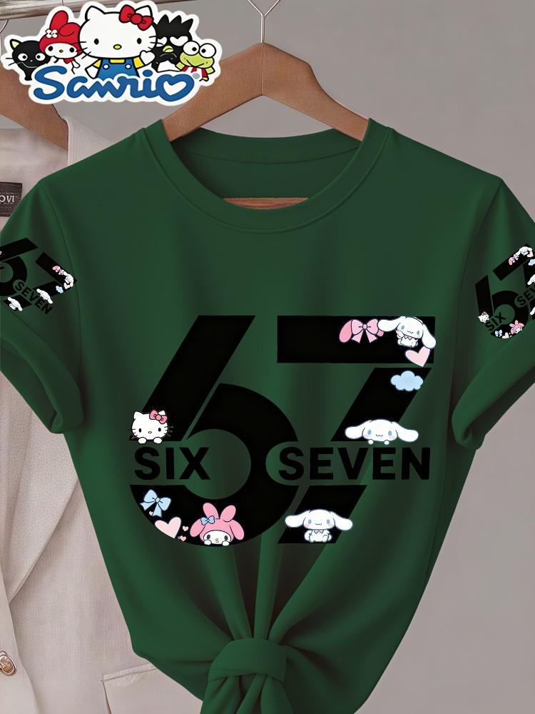 

Sanrio Cute Pet Meets 67 Pattern Womens Round Neck Short Sleeve Tshirt with Letter Printing Soft and Versatile Casual Top S