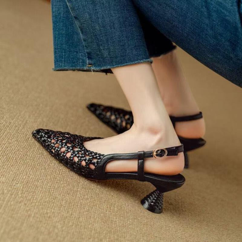 Pointed Toe Woven Hollow Temperament Small Heel Breathable Rear Empty High Heels Baotou One-word Strap with Skirt New Sandals