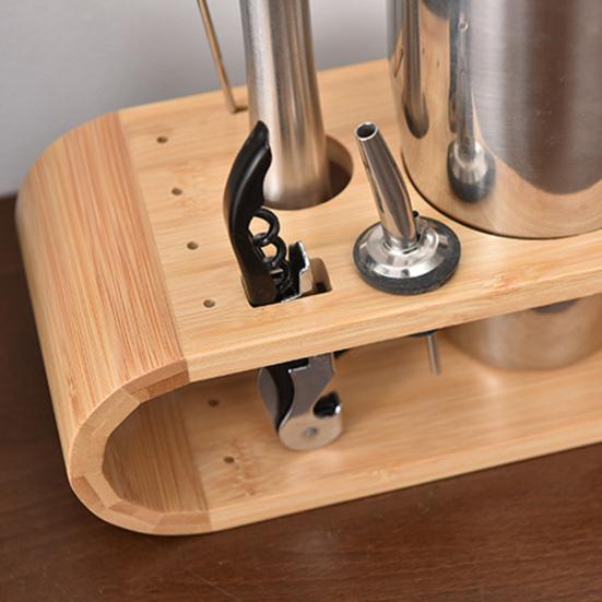 Wooden 9-Piece Bartender Tool Holder Stand Bamboo Cocktail Shaker Set Organizer Storage Display Rack Free Standing Bartender Kit Holder