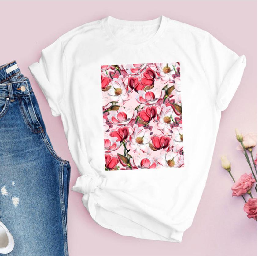 Fashion Flower Graphic Woman T-Shirt 90S Summer Loose Short Sleeve Female Tops Children Blouses Streetwear Y2K Clothes