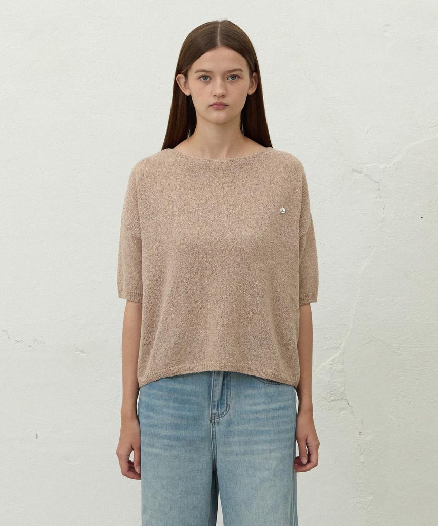 LE STUDIO Boat Neck Loose Fit Short Sleeve Knit_Beige