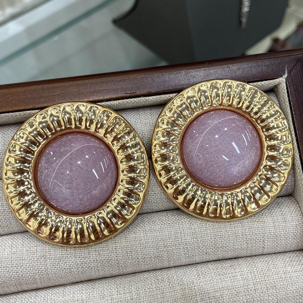 Medieval Vintage Round Earrings, Retro Metal Edge Resin Gemstone Stud Earrings, Niche High-End Earrings