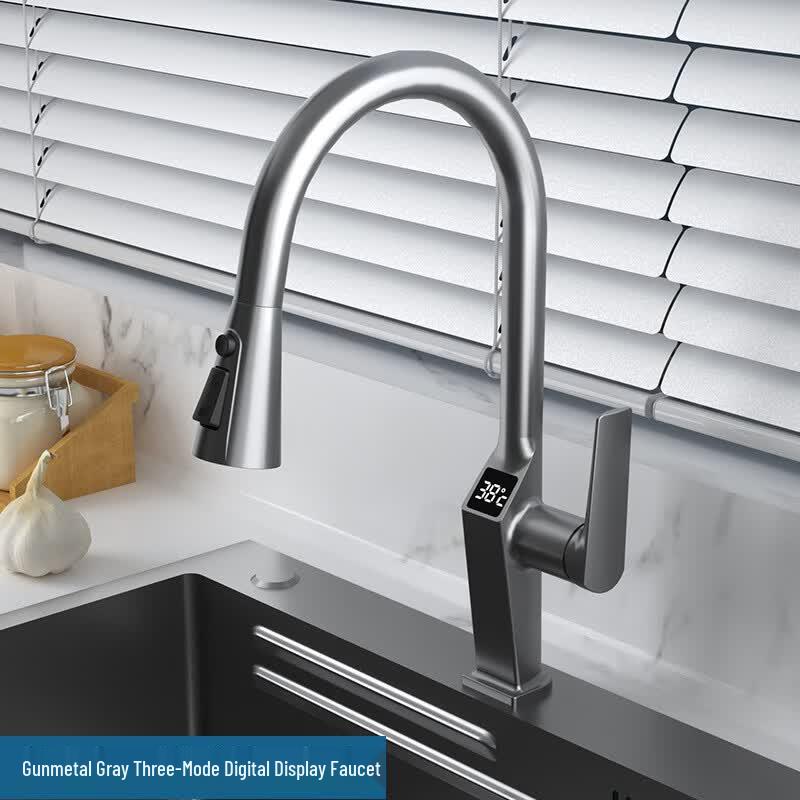 TLXT Gunmetal Grey Wall-Mounted Pull-Out Sink Faucet