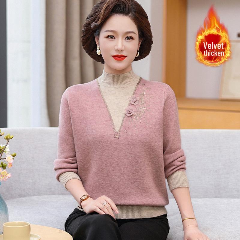 Tricots Style Maman: Pull Fausse Deux-Pièces en Velours pour Femmes d'Âge Moyen et Âgées, Parfait pour les Superpositions Automne/Hiver