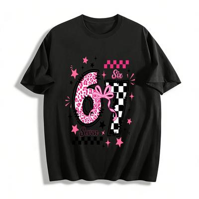 Girls Cool Style Leopard Checkerboard Bow Number 67 Print Tee Pure Cotton T-shirt