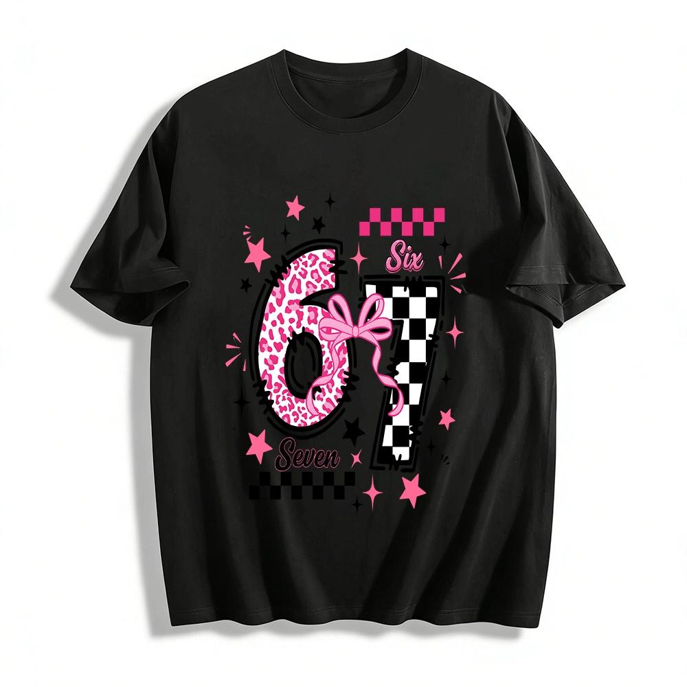 

Girls Cool Style Leopard Checkerboard Bow Number 67 Print Tee Pure cotton T-shirt XXS