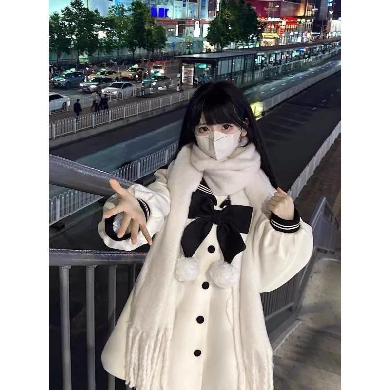 Damefrakker Kontrast Sjømannskrage Sløyfe Enkeltkneppet Hjerte Lomme Søt Aldersreduksjon Allsidig Ullkåpe Dameklær