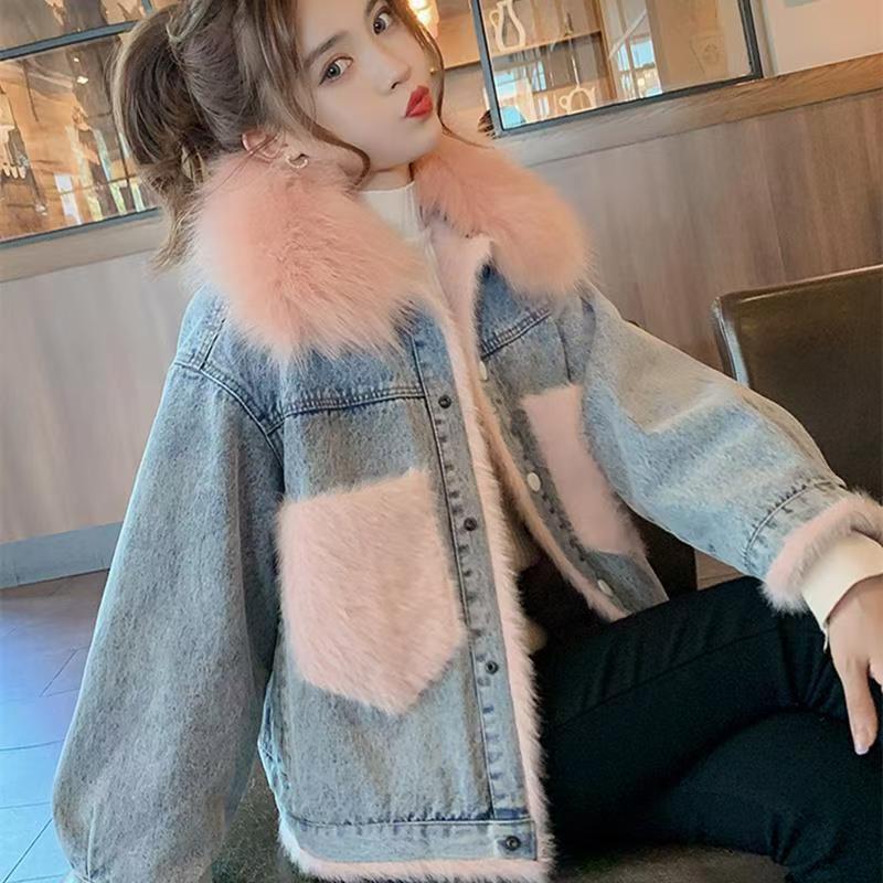 Korean-style Thickened Denim Cotton Jacket for Women - Plus Size, Loose Fit, With Velvet Lamb Wool Padding, Autumn/Winter Trendy Coat